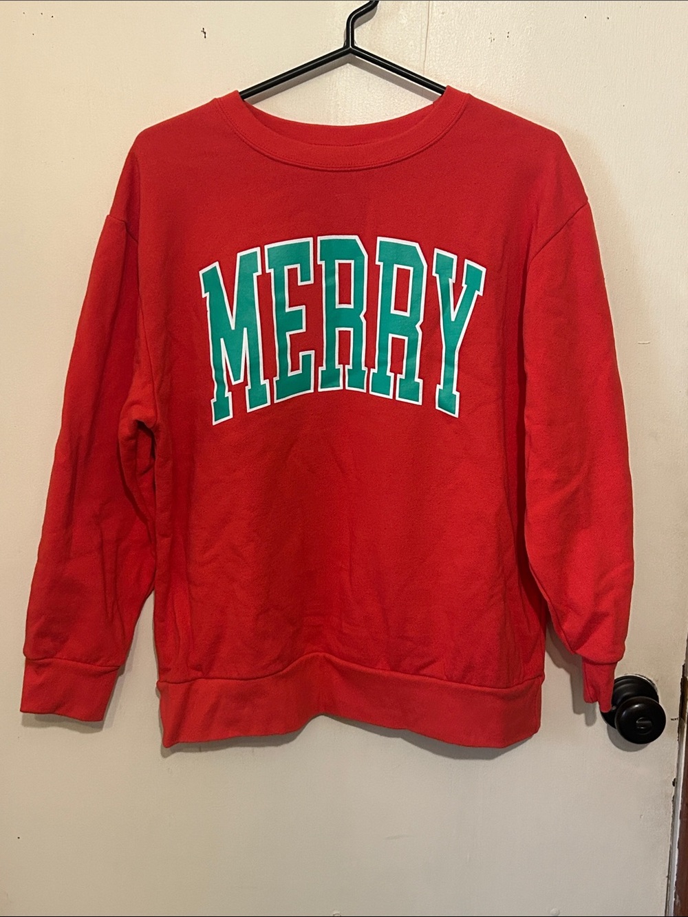 Merry Red Holiday Sweatshirt with Green Lettering
